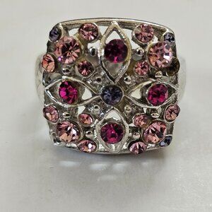 Vintage Silver-Tone Fashion Ring With Pink & Purple Rhinestones Square Cluster D